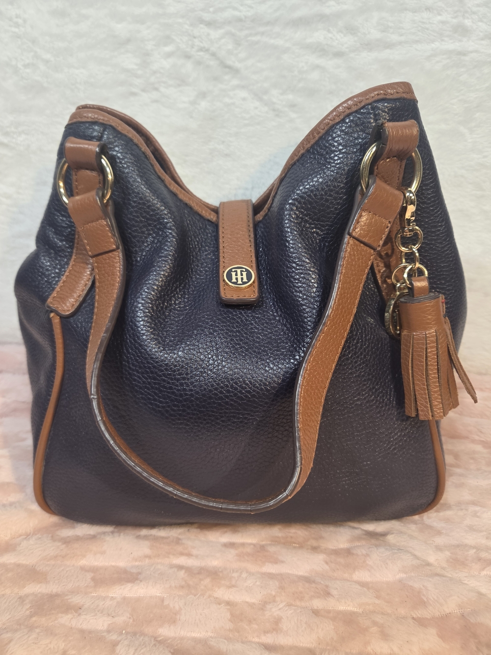 Tommy Hilfiger Navy and Brown Leather Tote with Tassel